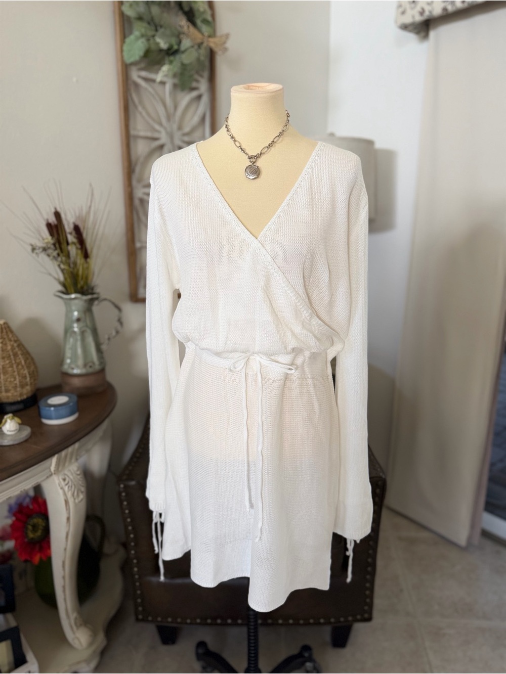 White Faux wrap knit dress/cover up nwot size large